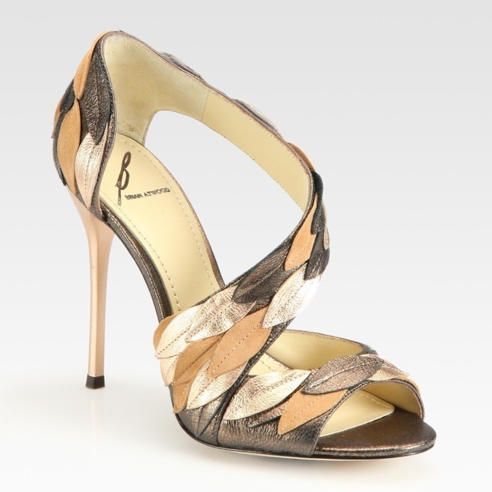 B Brian Atwood Lunetta Metallic Leather & Suede Leaf Sandals